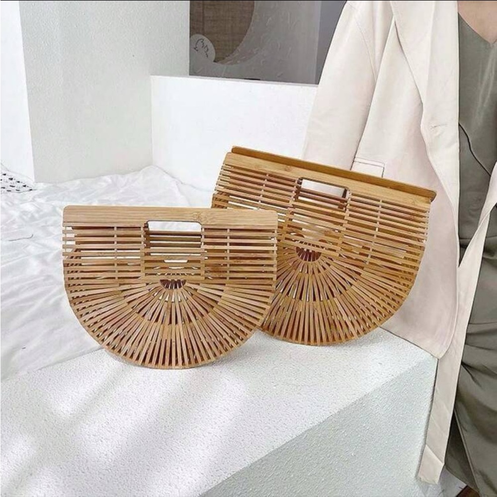 🌿 Handmade Bamboo Half Moon Bag – Boho Woven Rattan Beach Clutch